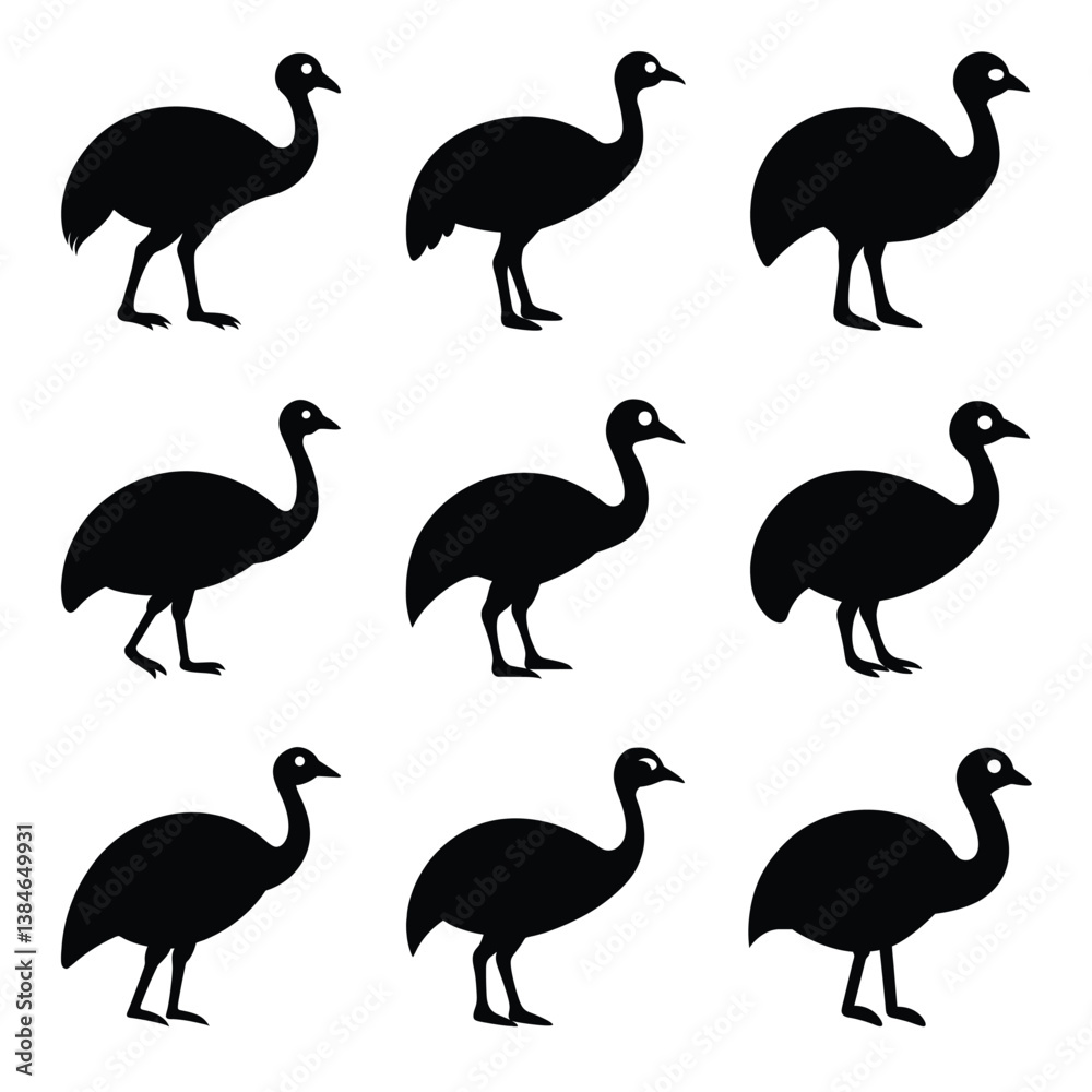 Obraz premium Nine Black Silhouette Images of Southern Cassowaries