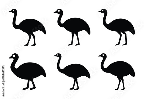Simple Black and White Silhouette of Six Emus
