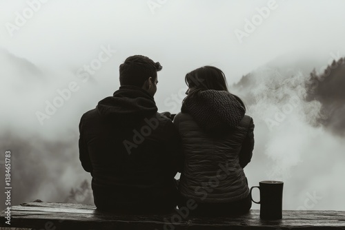 A couple sits on a bench overlooking a foggy mountain landscape, enjoying a moment of quiet contemplation.