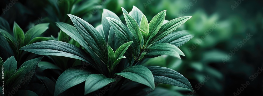 Fototapeta premium Lush Green Leaves with Water Droplets in Dramatic Lighting
