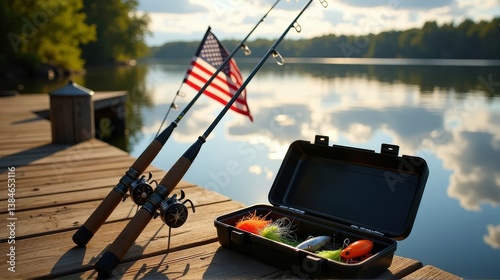 Fishing gear with american flag on dock