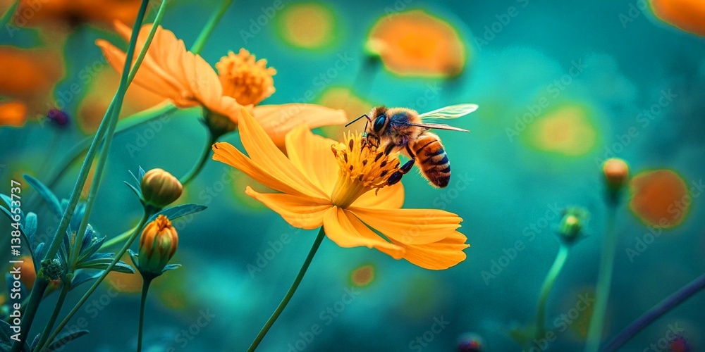 Naklejka premium Bee collecting nectar from a flower in a spring garden