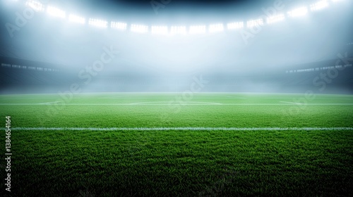 A dramatic view of an empty football field under bright lights.