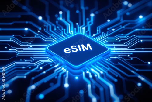 Futuristic eSIM technology concept with glowing circuit board connections.