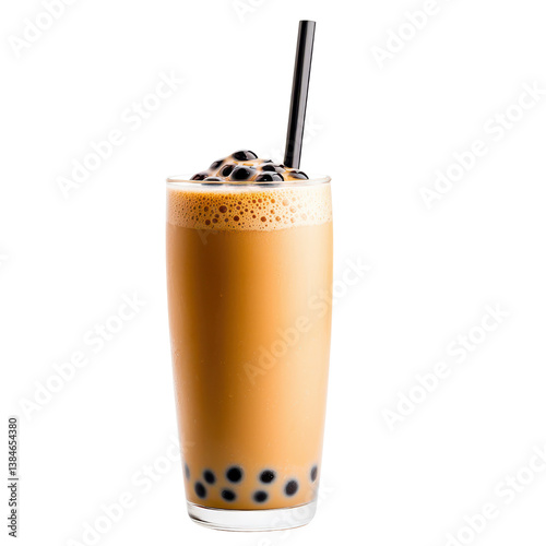 Refreshing bubble tea with creamy milk and tapioca pearls isolated against a transparent background.