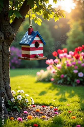 Patriotic birdhouse hanging under tree