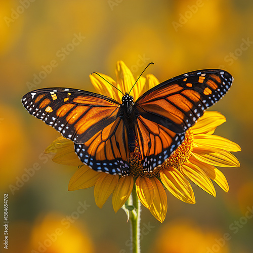 A close-up of a monarch butterfly perched on a bright yellow sunflower, wings delicately open