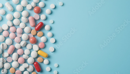 Assorted Pills and Capsules on Blue Background: Pharmaceutical and Healthcare Concept