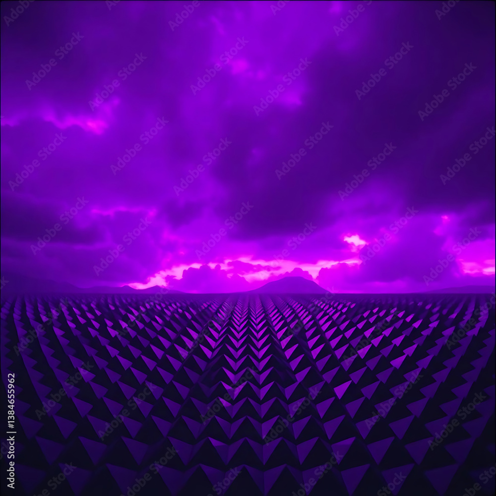 Fototapeta premium Futuristic surreal landscape with glowing purple sky and geometric pyramid pattern foreground, sci-fi digital artwork, abstract fantasy scenery with neon illumination and dramatic clouds at sunset