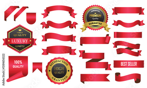 Gold badges and ribbons. Best quality premium golden badges and labels vector set. Premium quality stamp, red ,blue,gold labels and best offer badges collection
