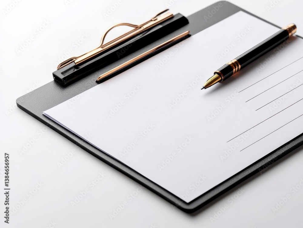 Elegant workspace with clipboard and pen on a clean surface. Elegant workspace with clipboard and pen on a clean surface.