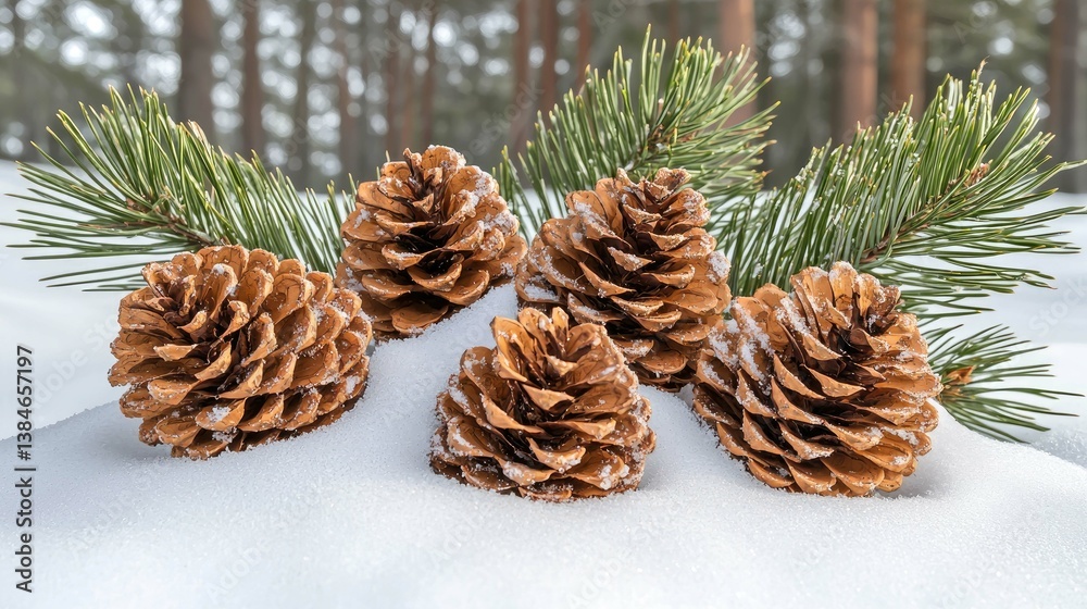 Fototapeta premium Winter Wonderland: Pinecones in the Snow. A captivating image of pinecones nestled in a bed of fresh snow, surrounded by pine branches. Perfect for winter holidays and nature lovers.