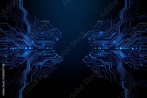 Futuristic circuit board with glowing blue lines on dark background.