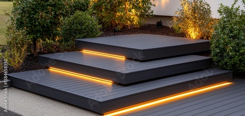 Modern tiered patio with soft lighting and lush greenery.