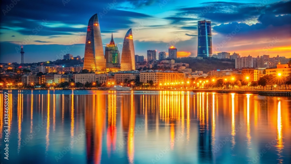 Fototapeta premium Baku Flame Towers Night View, Azerbaijan Boulevard Cityscape, Bokeh Lights Travel Photography