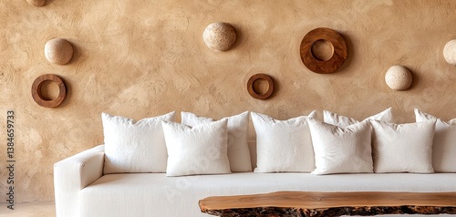 A minimalist living room with white cushions and earthy decor.