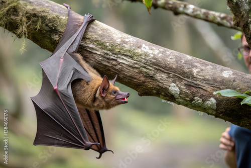 This bat hangs from a mossy tree trunk, wide-eyed and mid-call, its leathery wings splayed open like a cloak, face framed by russet fur
