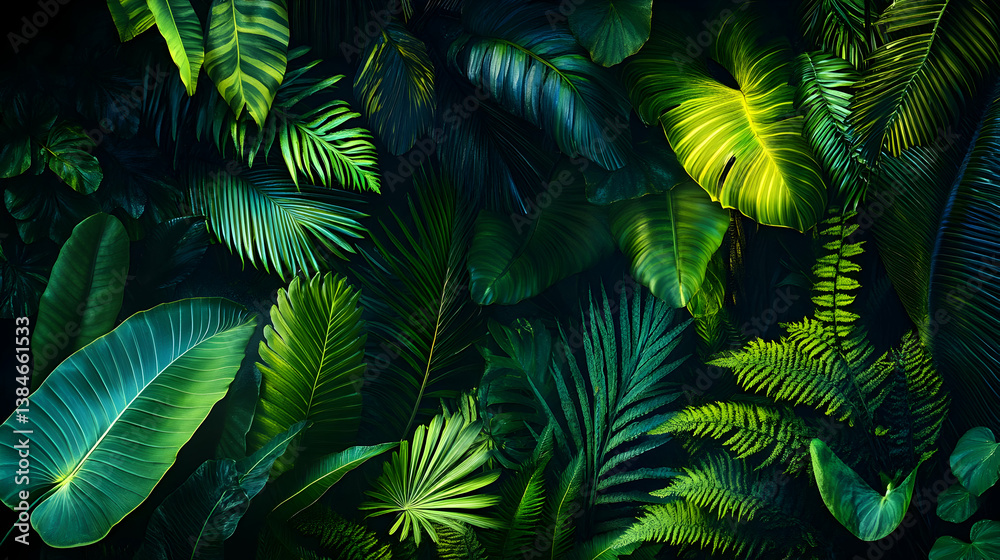 Fototapeta premium Lush tropical paradise brimming with vibrant green foliage, creating a serene and tranquil escape in deep shadows and contrasting highlights.
