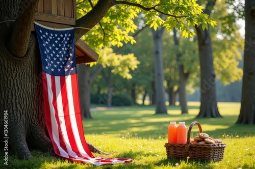 Patriotic picnic setup under tree with flag