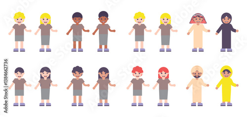 Multi-cultural People Couple Set, Flat Style, White, African, Ginger, Arabic, Asian, Hispanic, and Pakistanian