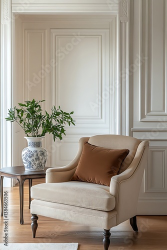Beige Armchair with Brown Pillow near Table with Floral Vase in White Room