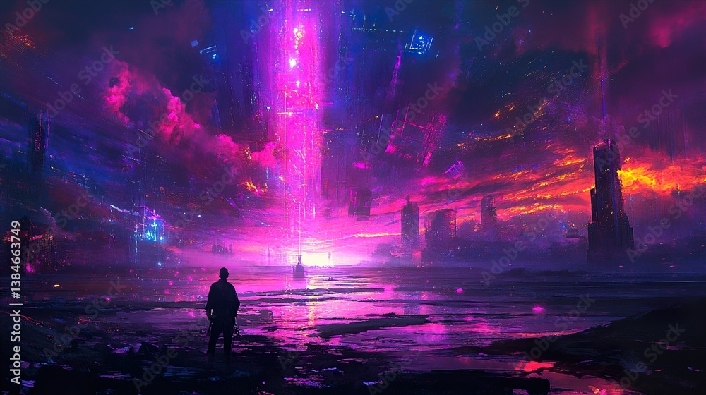 Naklejka premium Futuristic Cityscape at Night: A Cyberpunk Vision