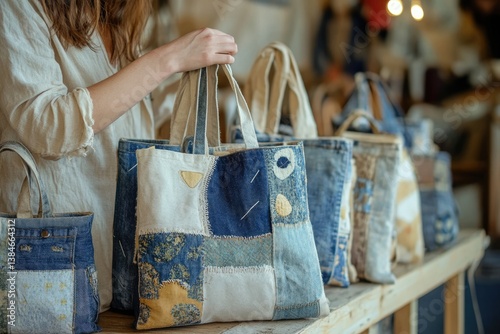Woman holding a handmade patchwork tote bag made from recycled denim and fabric scraps.