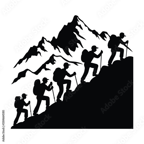 Black silhouette of Mountain Hiking Adventure, Outdoor Adventure Hiking Scene, Silhouette with Hikers and Peaks isolated white background