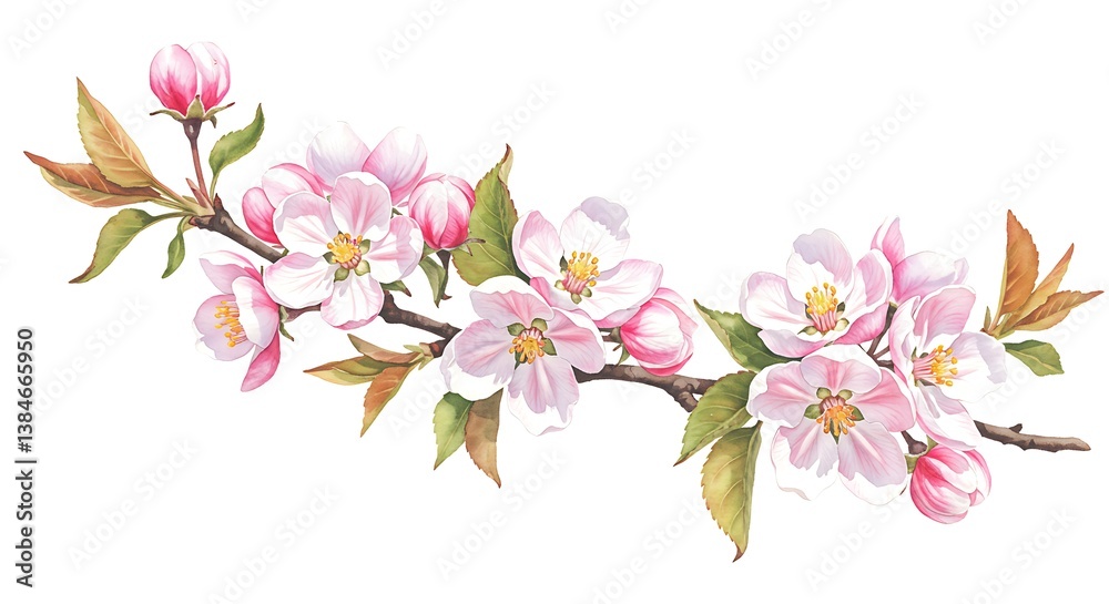 Obraz premium Pink Flowering Branch, Hand-Painted Sakura, Almond, and Apple Blossoms