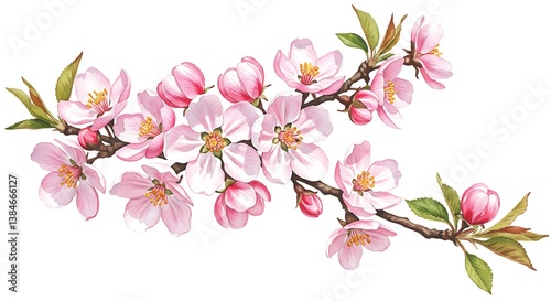 Wallpaper Mural Watercolor Cherry Blossom Branch,  Pink Sakura and Apple Flowers on White Background Torontodigital.ca