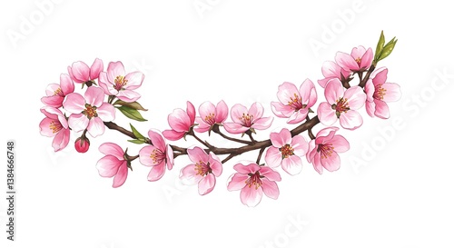 Watercolor Cherry Blossom Branch,  Pink Sakura and Apple Flowers on White Background