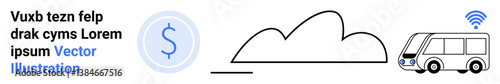 Self-driving bus with wireless signal and cloud graphic. Dollar sign denoting economy. Ideal for technology, innovation, transportation, connectivity, automation, cost efficiency, simple landing page