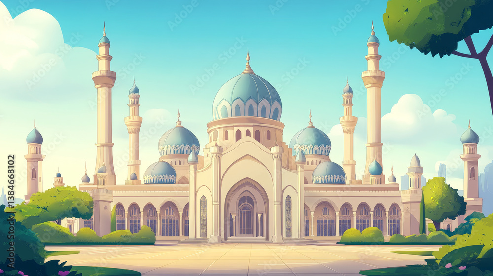 Obraz premium Muslim mosque building cartoon icons of vector Islam religion architecture. Arab mosque or masjid isolated symbols, Islamic houses with gold domes, crescents and minarets, arched doorways and windows
