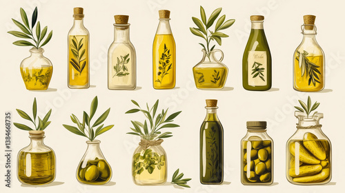 Olive oil and natural food products retro posters with vector bottles of extra virgin oil, jars of pickled green fruits and olive tree branches. Vegetable cooking oil, vegetarian salad dressing design
