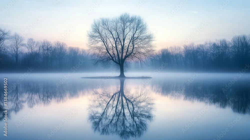A tree’s reflection on a still pond, with soft light filtering through the branches. pic A tree’s reflection on a still pond, with soft light filtering through the branches. pic