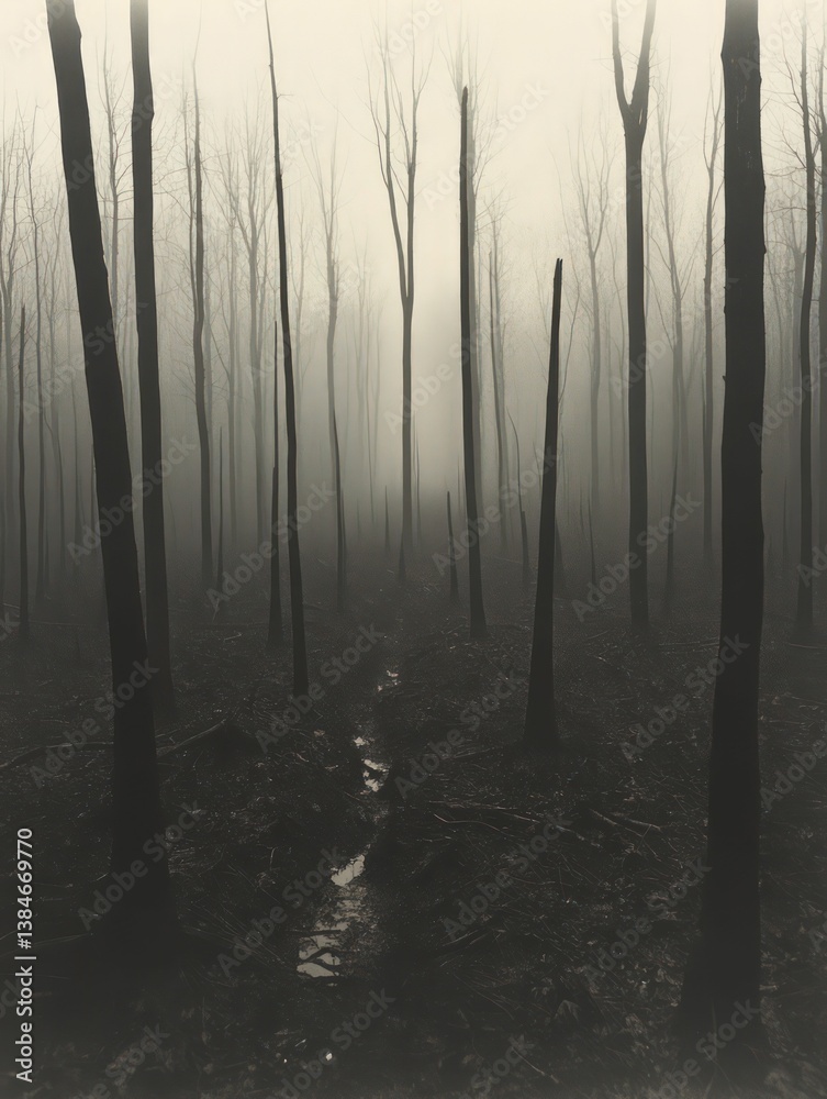 Naklejka premium Misty forest path dark trees monochrome atmosphere.