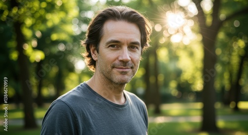 A Serene Portrait of a Man Against the Backdrop of Sunlight Filtering Through Trees in a Park
