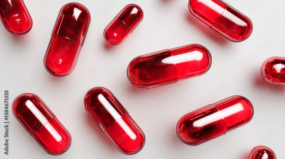 Close-up of various red capsules on a white surface showing different sizes and shapes for health and wellness purposes Close-up of various red capsules on a white surface showing different sizes and shapes for health and wellness purposes