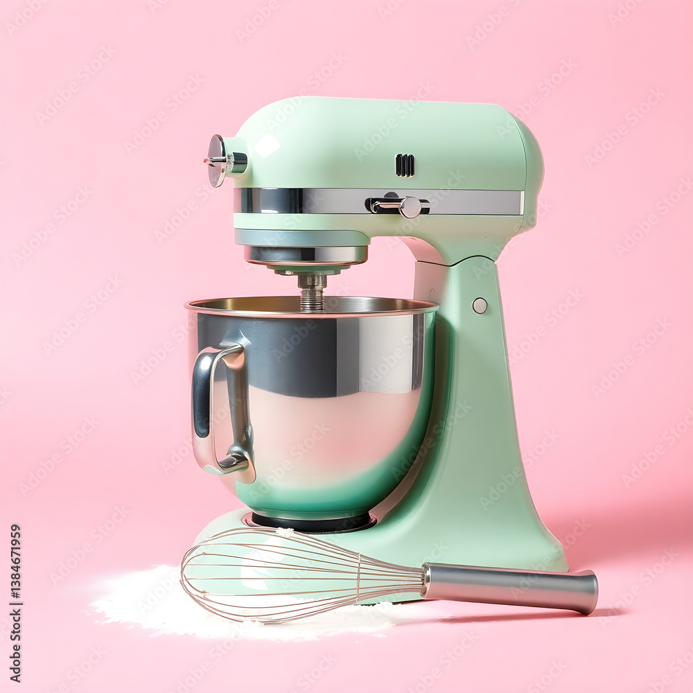 Modern stand mixer with whisk and flour on pink background Modern stand mixer with whisk and flour on pink background