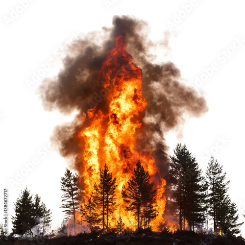 Large Blaze in Forest Titled Flames Isolated on Transparent Background