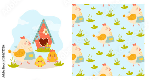 Vector illustration of a hen leading her chicks on a walk. The scene shows a cute family of birds amidst green plants. Includes a seamless pattern with cheerful yellow chicks.