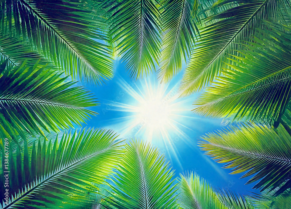 夏の太陽とヤシの葉 夏の太陽とヤシの葉