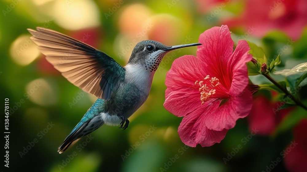 Hummingbird Hovering Near Vibrant Red Flower. Generative AI Hummingbird Hovering Near Vibrant Red Flower. Generative AI