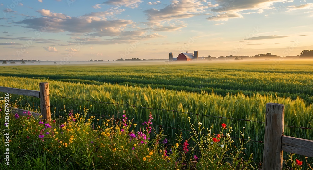 Fototapeta premium Wheat Field with Flowers and Red Barn at Sunrise in Countryside