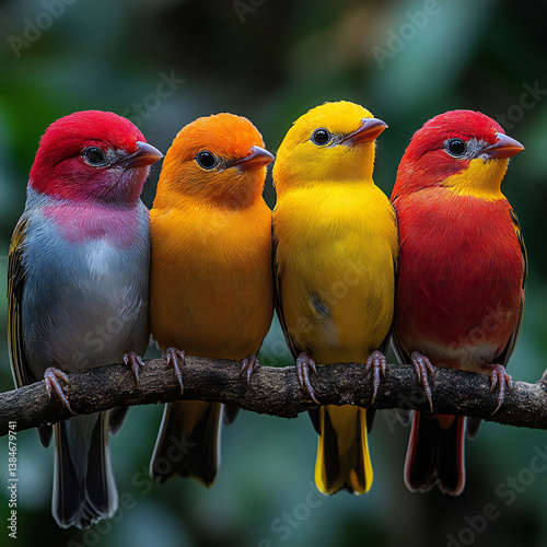 A small group of colorful tropical birds perched on a branch in a lush rainforest