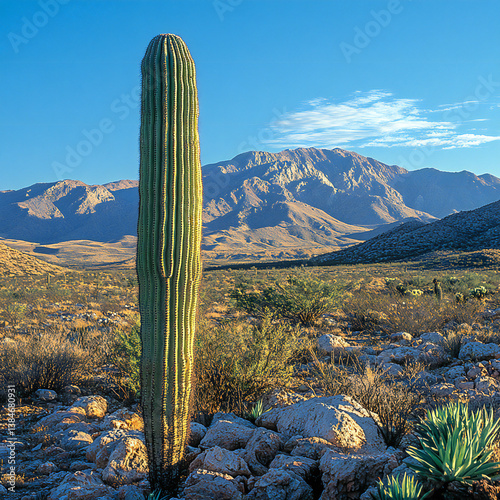 A tall cactus in a desert landscape with clear blue skies and rocky terrain