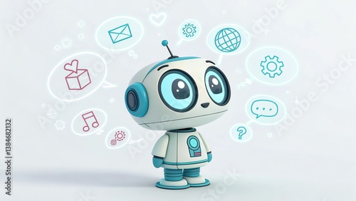 Futuristic robot thinking, digital holograms glowing around it.