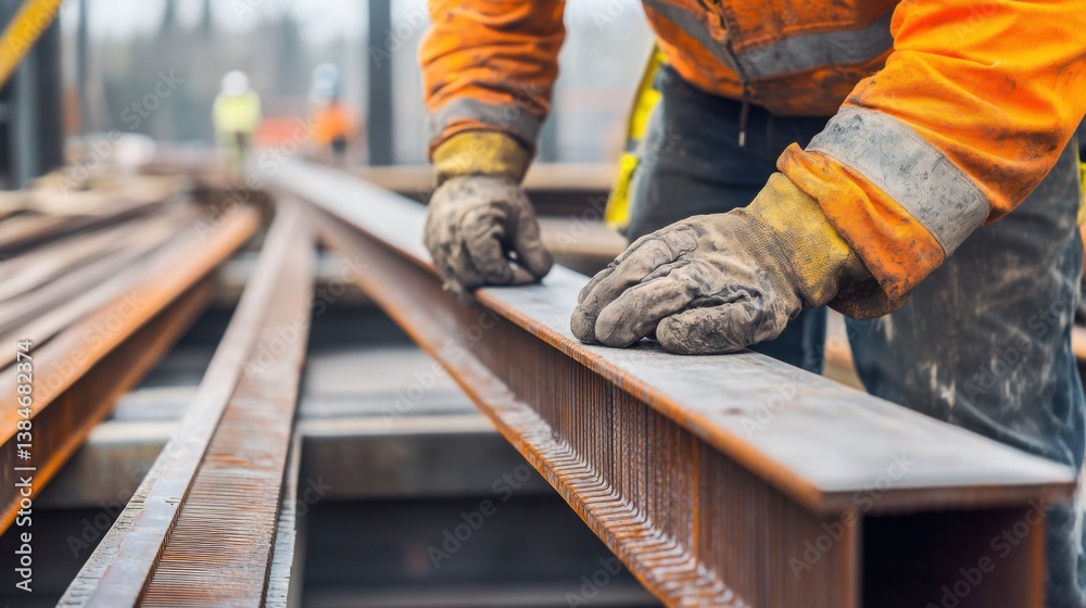 A construction worker measuring a steel beam at a job site. Featuring accuracy and planning A construction worker measuring a steel beam at a job site. Featuring accuracy and planning