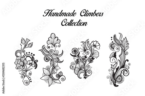 Set hand drawn black and white Henna Designs climbers collection