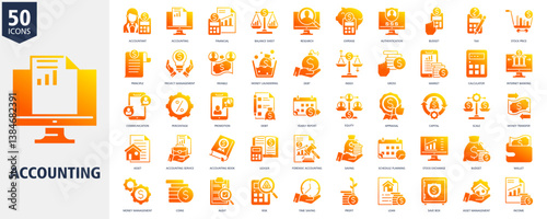 Accounting Icon Set glyph gradient Style with accountant, accounting, financial, balance sheet, research, expense, authentication, budget, tax and stock price
